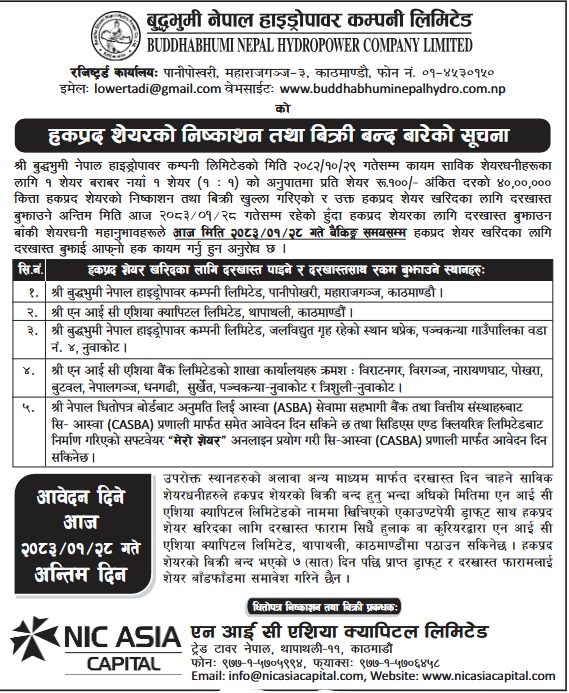 Closed-ended period of the Right Share of Buddha Bhumi Nepal Hydropower Company Limited.