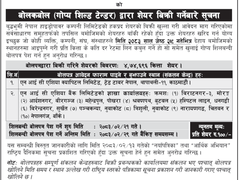 Auction Reminder Notice - Bhuddhabhumi Nepal Hydropower Company Limited
